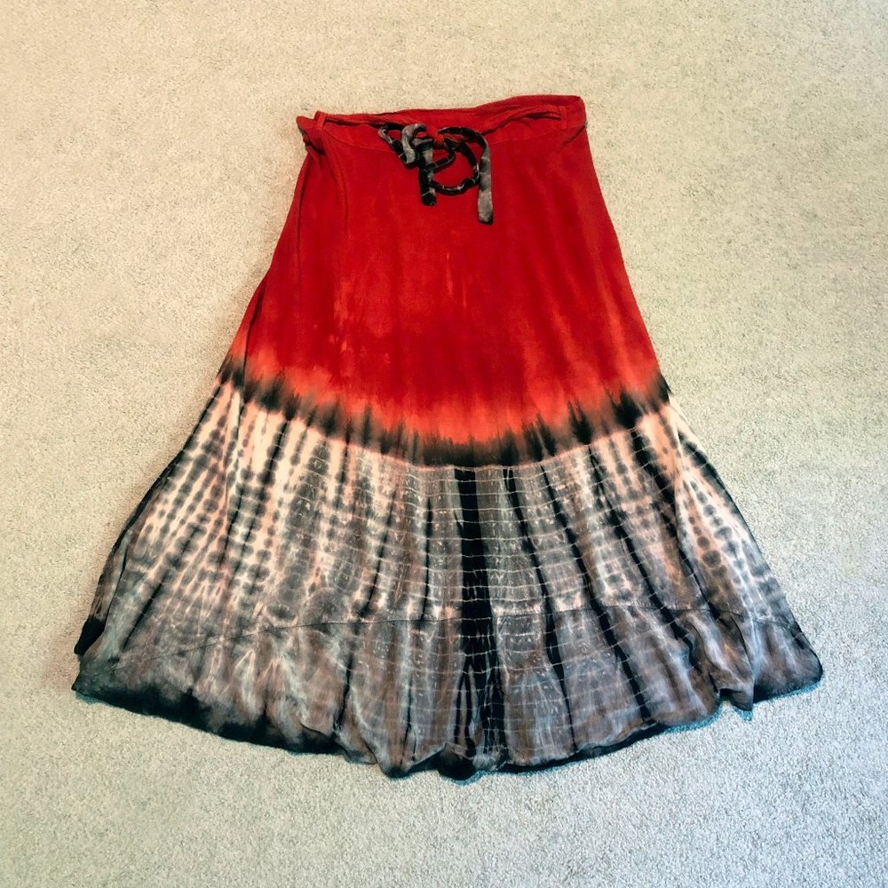 Tie Die Wrap Skirt, Maxi, Red & Brown, One Size Fits Most, Art Fair, Artist-Made